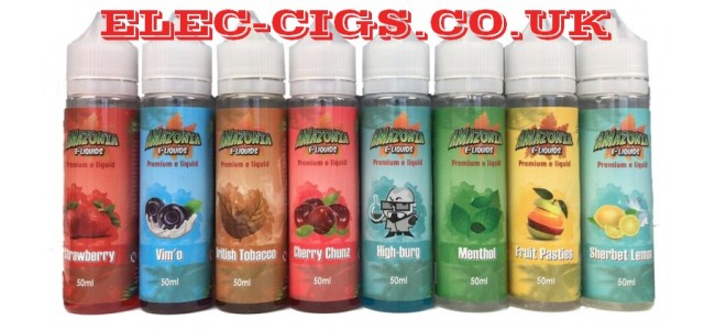 Images shows several of the flavours available in the Amazonia 50-50 (VG/PG) E-Liquids 50 ML