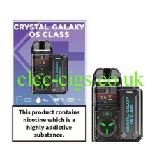 This shows the packaging and the device namely the Crystal Galaxy OS Class Refillable Pod Device