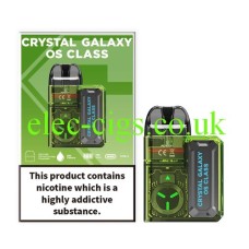 This shows the packaging and the device namely the Crystal Galaxy OS Class Refillable Pod Device