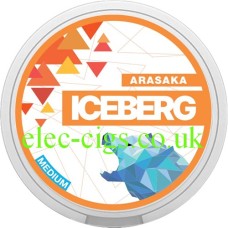 Lid of tin show with all the detail on for the Iceberg Arasaka (Sweet Peach) Slim Nicotine Pouches 
