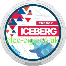 Lid of tin show with all the detail on for the Iceberg Energy Slim Nicotine Pouches