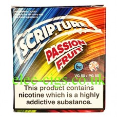 Image shows the colourful box containing the Passion Fruit 3 x 10 ML E-Liquid by Scripture